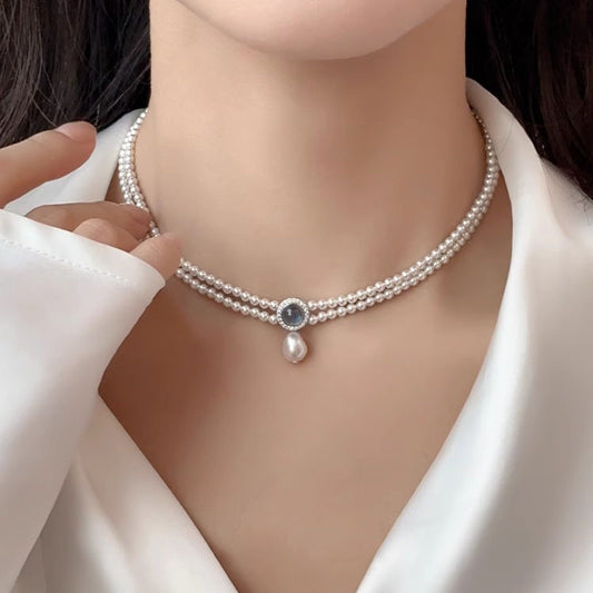 Azure Pearl Duo 925 Sterling Silver Aquamarine & Freshwater Pearl Double-Layer Necklace