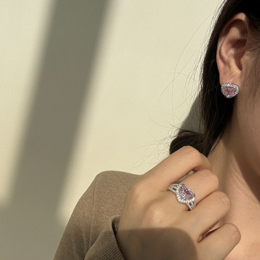 "Crystal Pink Heart" S925 Sterling Silver Jewelry Set