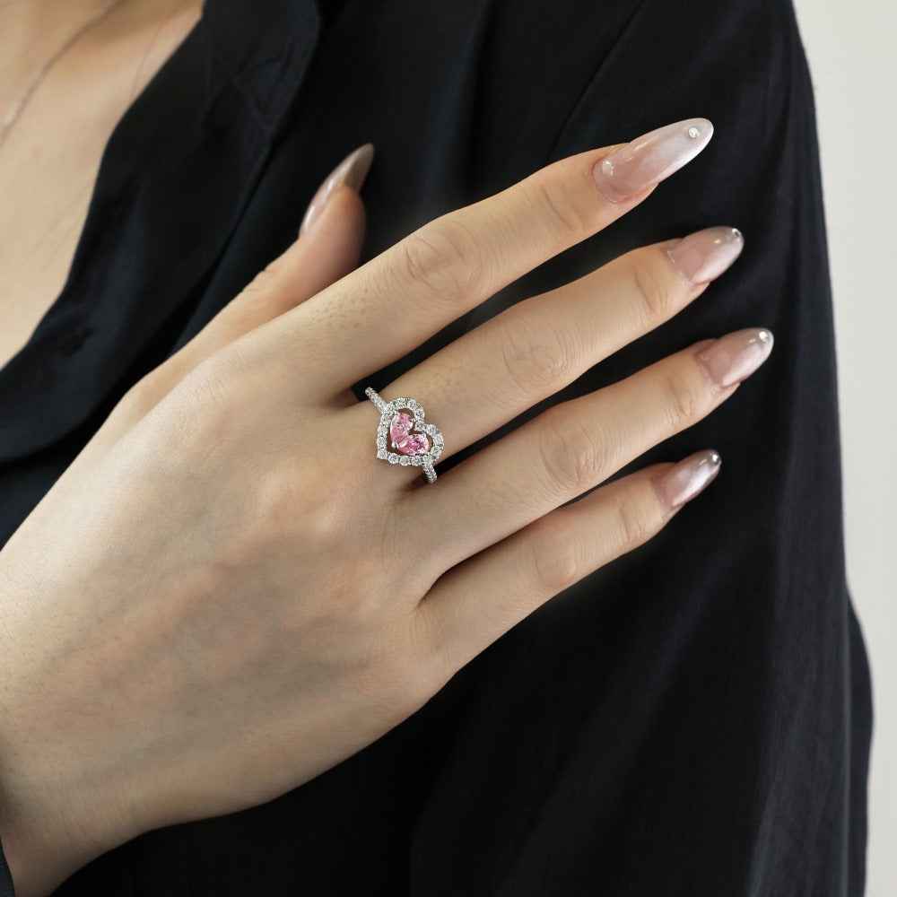 “Twin Blush Halo” 925 Sterling Silver Pink Double-Heart Ring