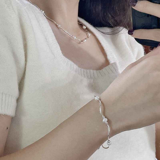"Waves & Pearls" 925 Sterling Silver Necklace & Bracelet