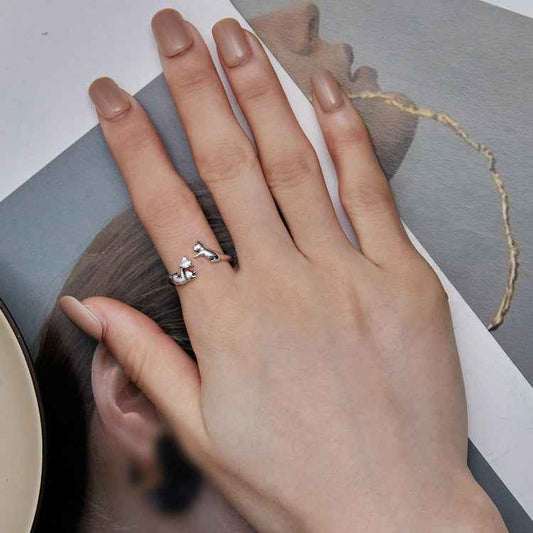“Kitty’s Treasure” S925 Sterling Silver Heart Stone Cat Open Adjustable Ring