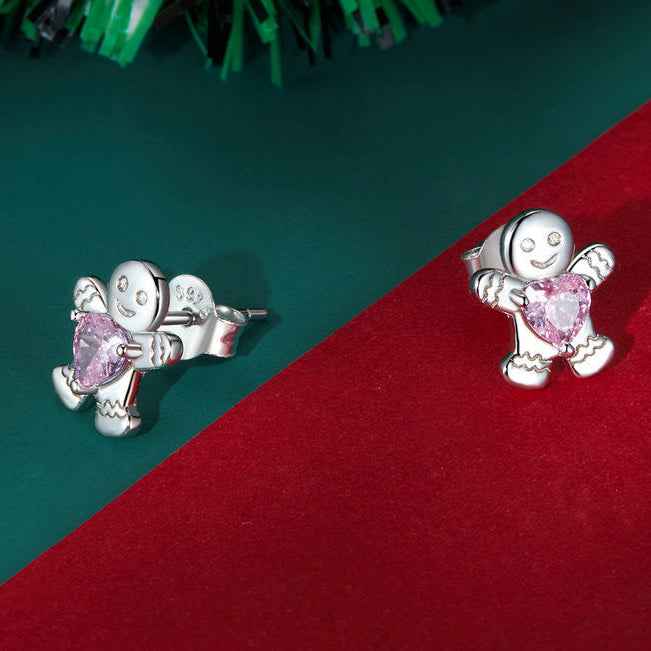 "Gingerbread Sweetheart" 925 Sterling Silver Pink-Heart Stud Earrings