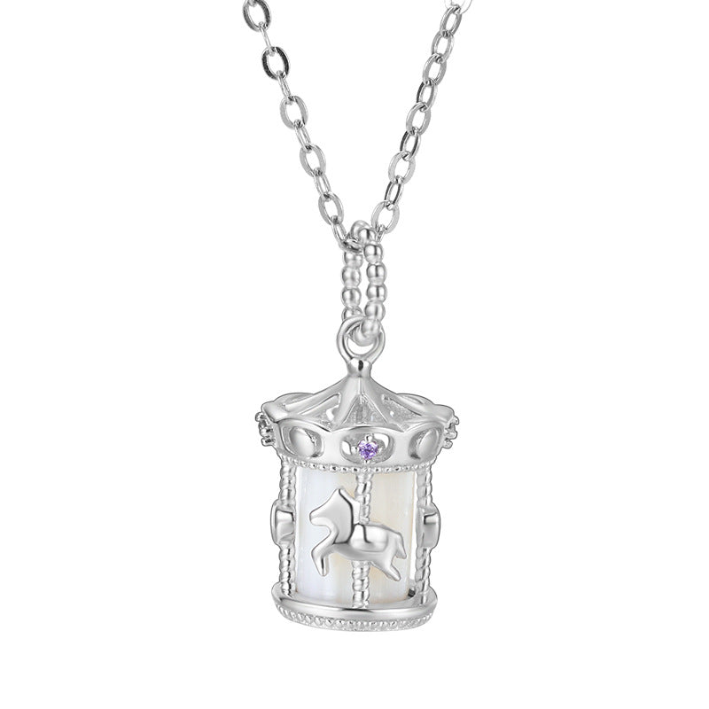 "Carousel Charm" 925 Sterling Silver Necklace – Rotating Horse, White Gold Plated