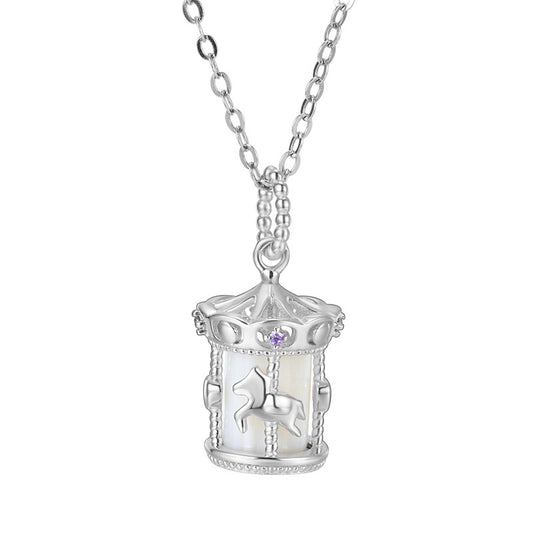 "Carousel Charm" 925 Sterling Silver Necklace – Rotating Horse, White Gold Plated