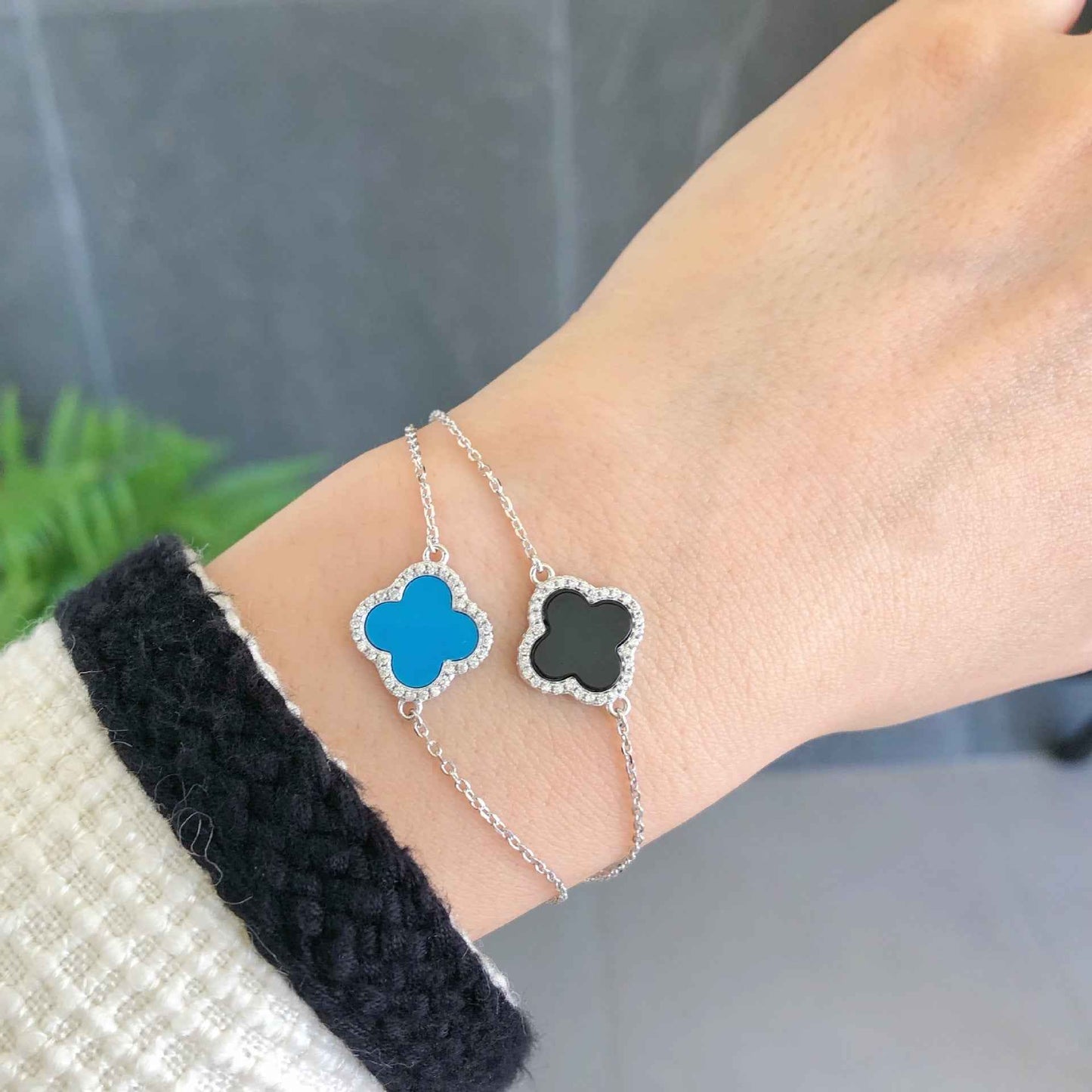 “Lucky Clover Élite” S925 Sterling Silver Pavé Clover Bracelet
