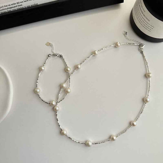 "Silvered Pearl" 925 Sterling Silver Freshwater Pearl Necklace & Bracelet