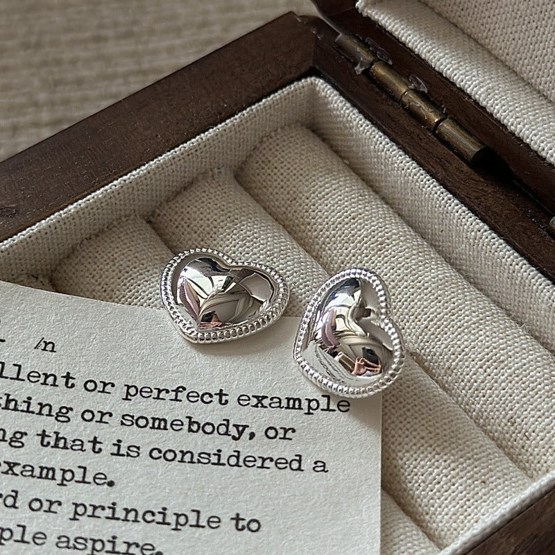 "Vintage Heart" 925 Sterling Silver Earrings – Korean-Inspired Design