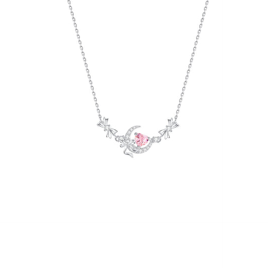 Luna Amour Bow 925 Sterling Silver Pink Crystal Heart & Moon Necklace & Bracelet Set