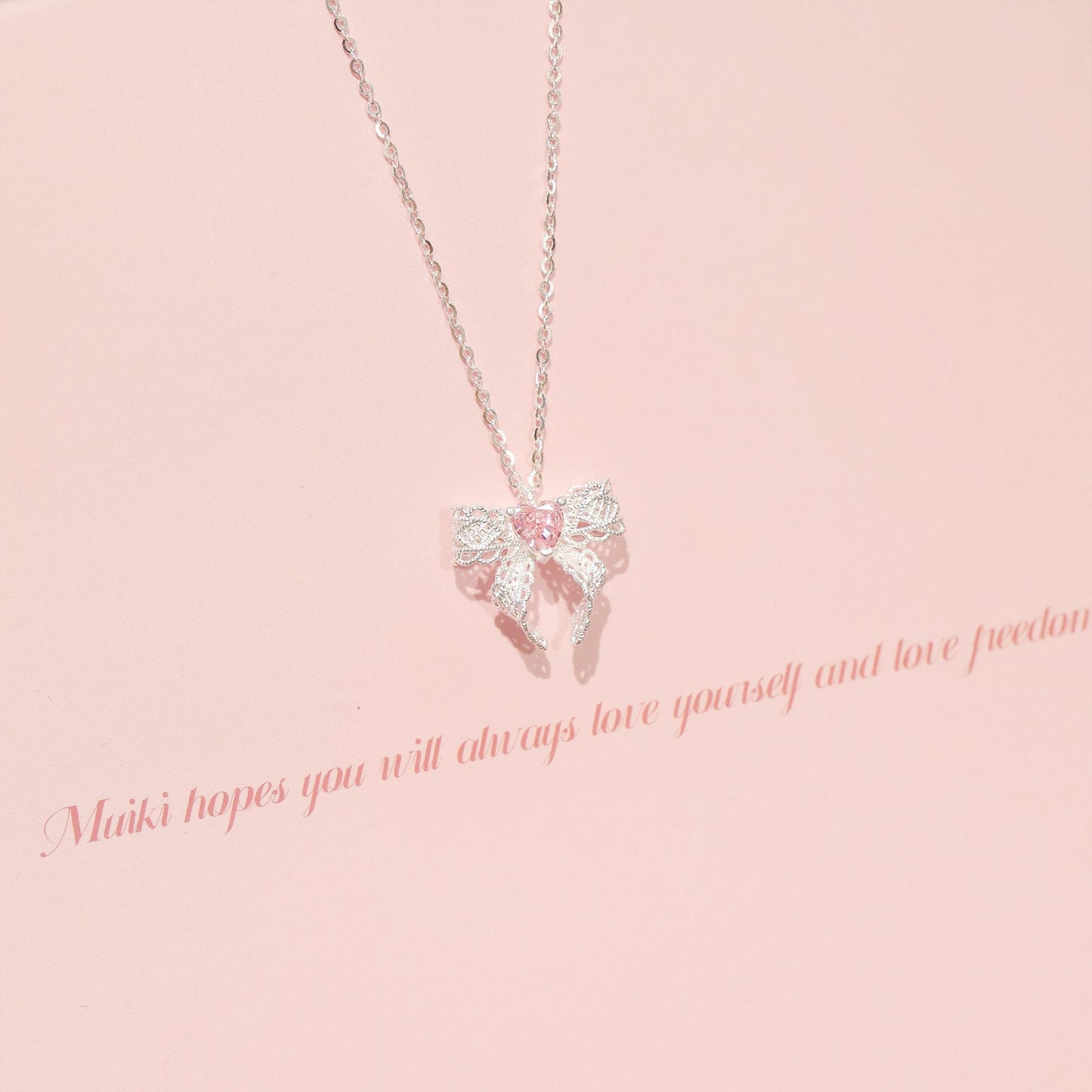 Lace Rosé Bow 925 Sterling Silver Pink Crystal Bow Necklace
