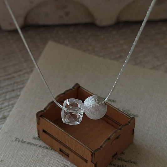"Twilight Beads" 925 Sterling Silver Necklace – Brushed Silver & White Crystal