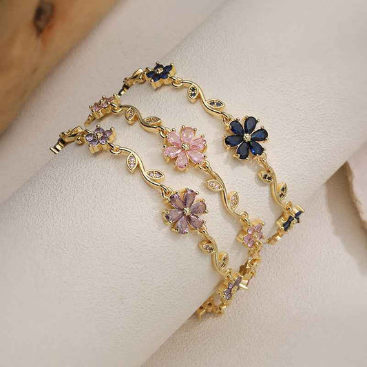 “Blossom Vine” Gold-Tone Brass Multicolor Zircon Flower Bracelet