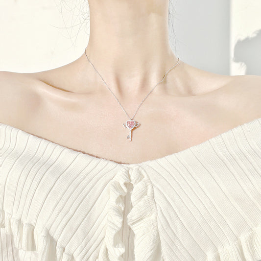 “Cupid’s Key” 925 Sterling Silver Pink Heart Wing Key Necklace