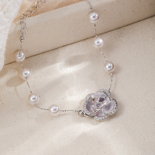 Camellia Whisper Zircon Palladium-Plated Brass Bracelet