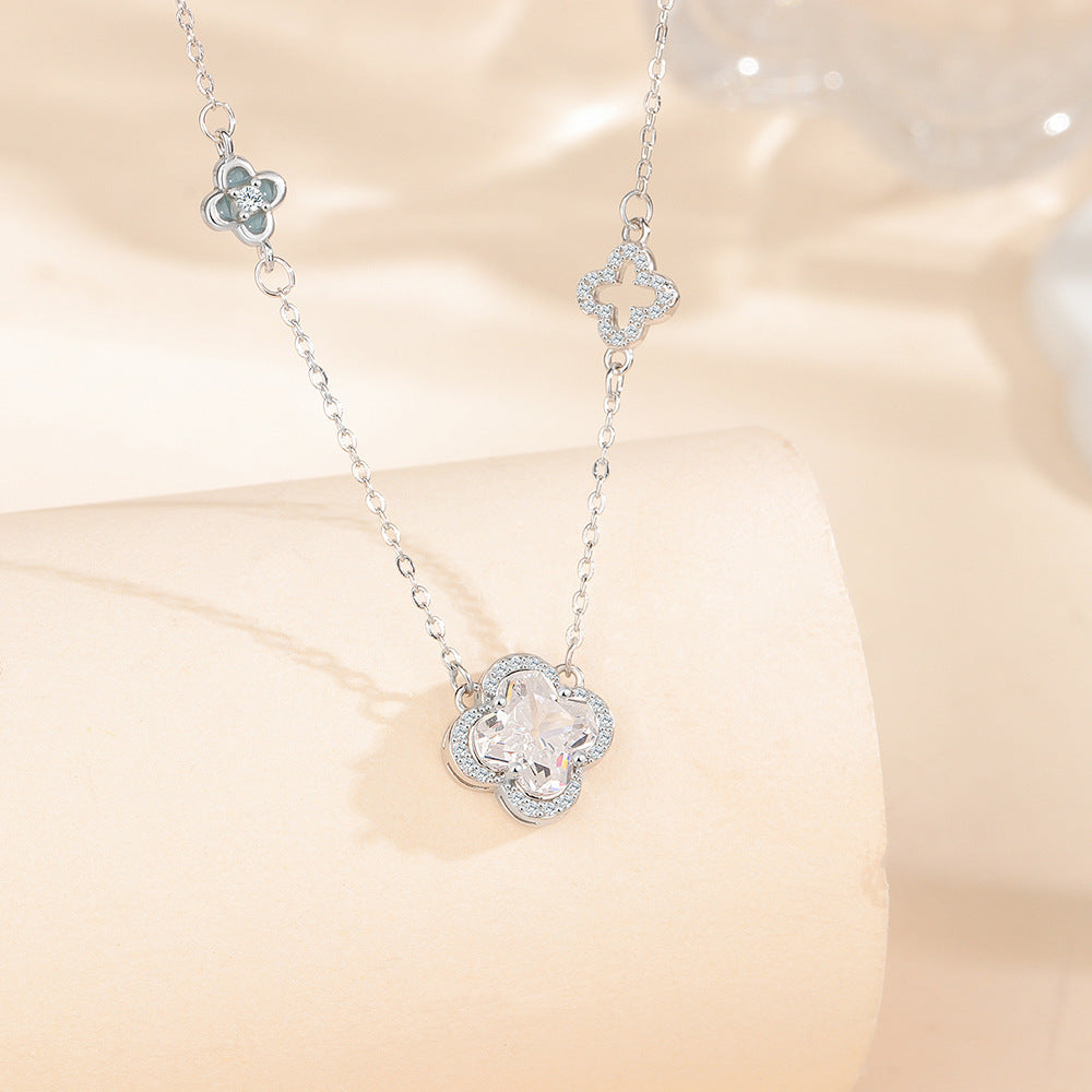 “Moonlit Clover” S990 Sterling Silver Luminous Clover Necklace