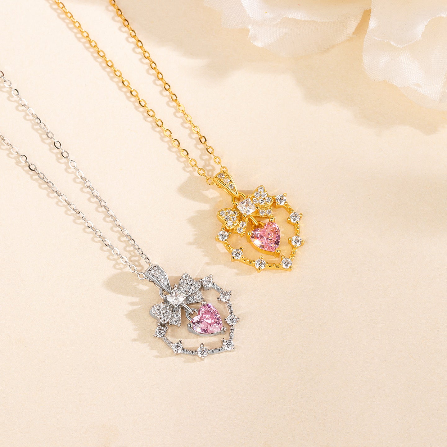 “Velour Knot” S925 Sterling Silver Pink Heart Bow Necklace