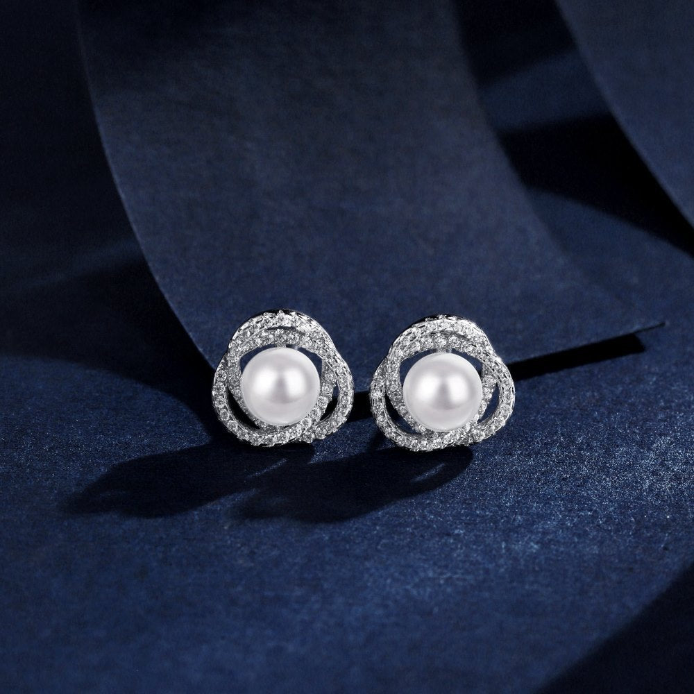 “Pearl Aurelia” 925 Sterling Silver Pearl & Pavé Floral Stud Earrings