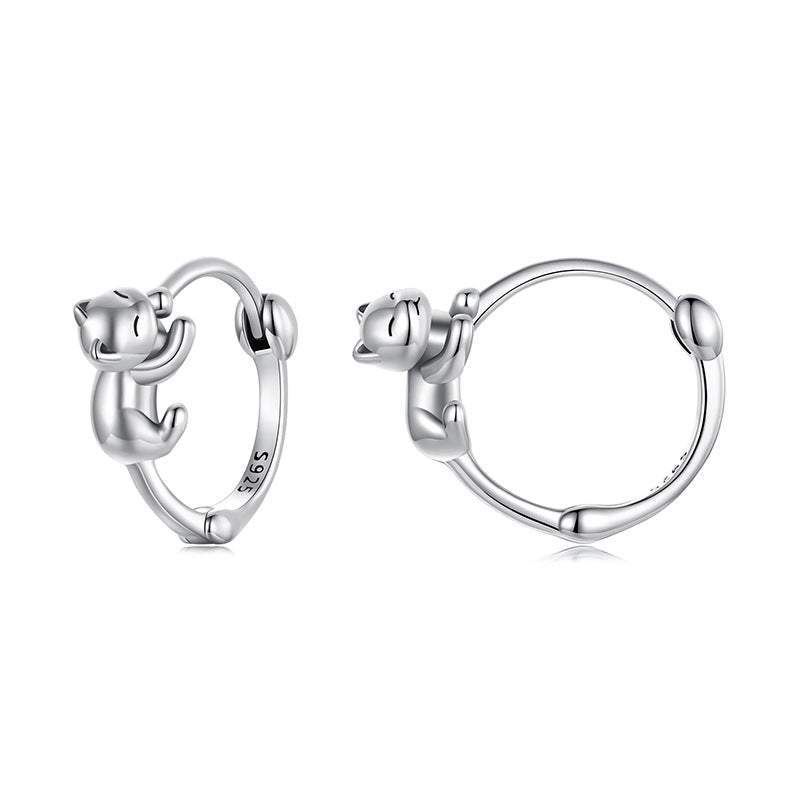 "Lazy Cat Hug" 925 Sterling Silver Cat Hoop Earrings – Playful & Adorable