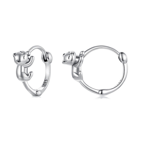 "Lazy Cat Hug" 925 Sterling Silver Cat Hoop Earrings – Playful & Adorable