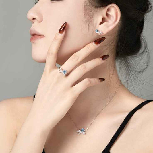 "Blue Ribbon Heart" 925 Sterling Silver Jewelry Set – Necklace, Ring & Earrings