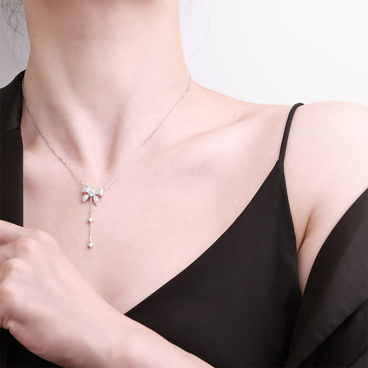 “Luminous Bow” 925 Sterling Silver Tassel Bow Necklace