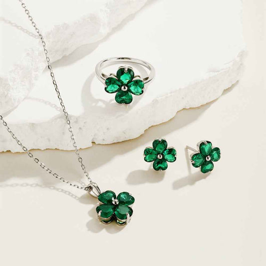 "Sakura Heart" 925 Sterling Silver Green Zircon Jewelry Set