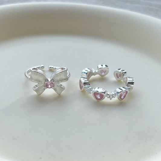 "Sweet Charm" 925 Sterling Silver Ring – Pink Zircon, Bow & Heart Designs