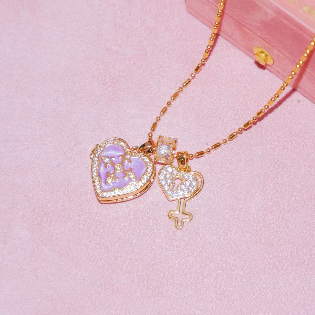 “Forever Key” 18K Gold Plated Brass Heart Photo Locket Necklace