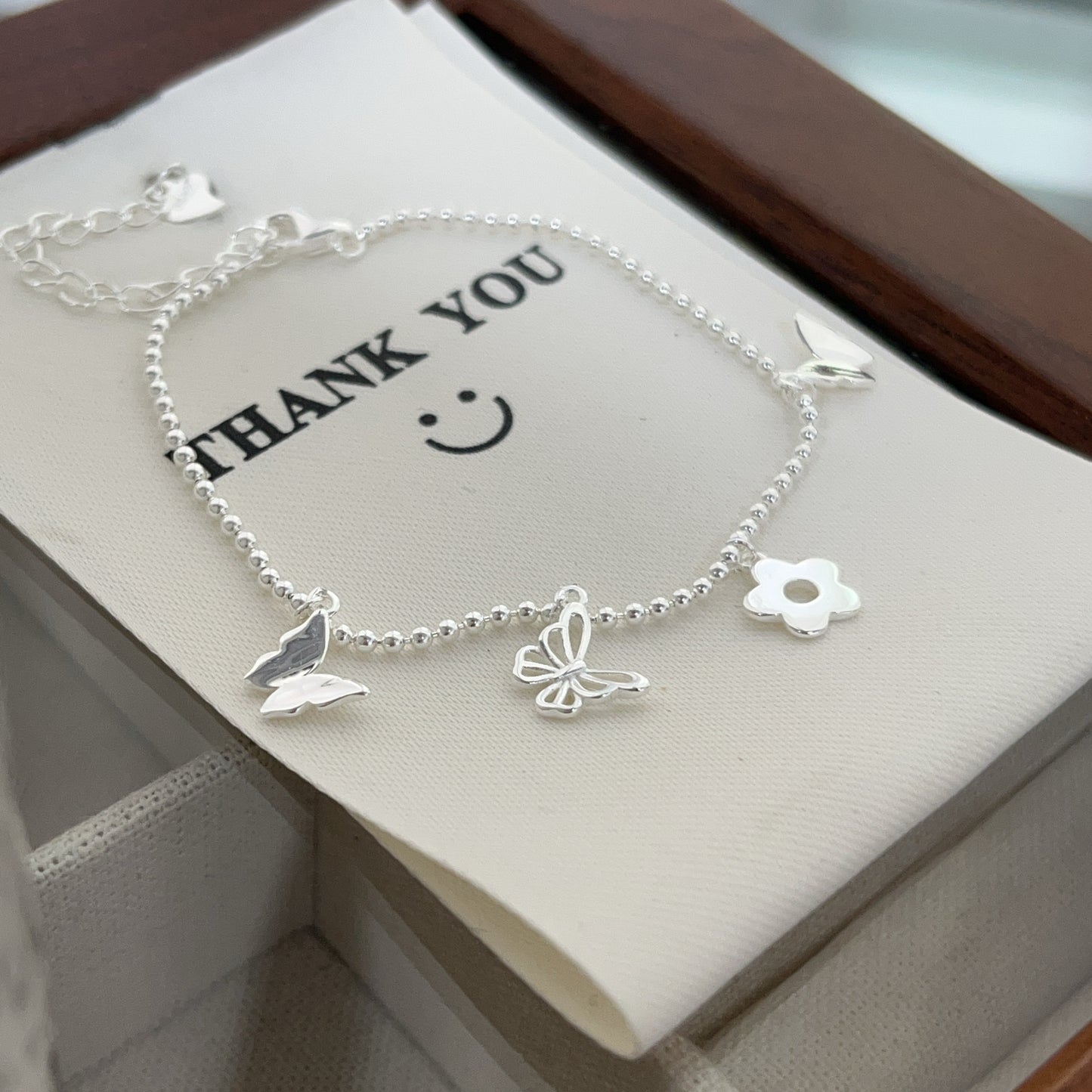 "Butterfly Bloom" 925 Sterling Silver Beaded Bracelet – Delicate Floral Design
