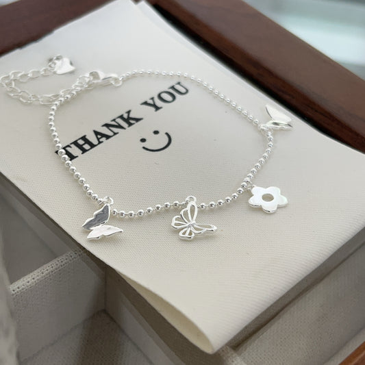 "Butterfly Bloom" 925 Sterling Silver Beaded Bracelet – Delicate Floral Design