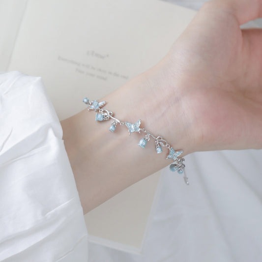 “Bluebell Flutter” 925 Sterling Silver Butterfly & Lily of the Valley Necklace & Bracelet Set