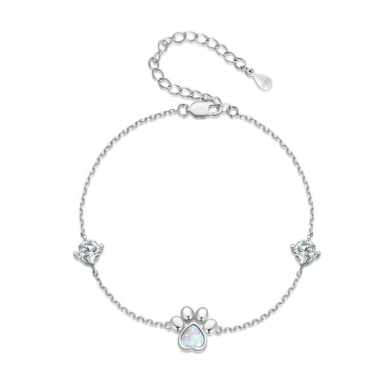 "Opal Paw" 925 Sterling Silver Platinum-Plated Cat Paw Bracelet – Adorable & Shimmering