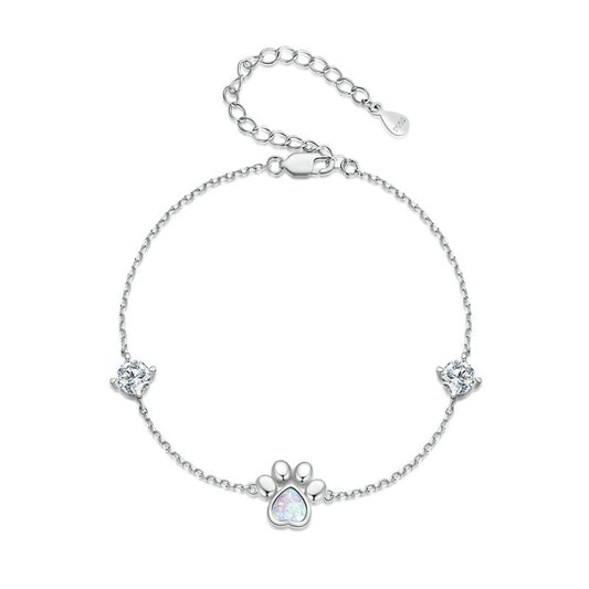 "Opal Paw" 925 Sterling Silver Platinum-Plated Cat Paw Bracelet – Adorable & Shimmering