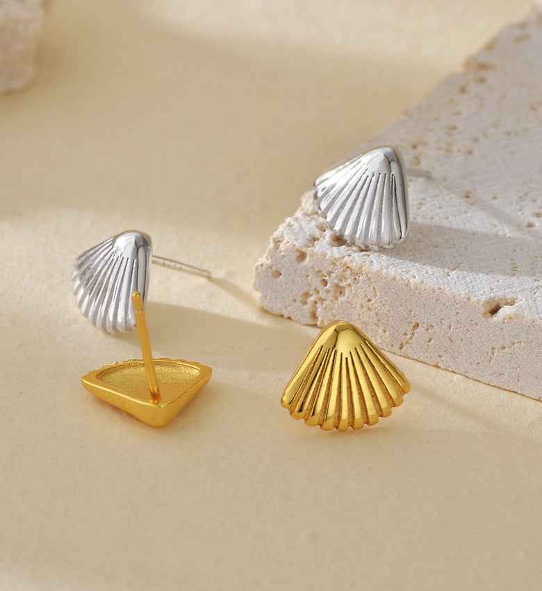 “Seaside Shell” S925 Sterling Silver Fan-Shaped Stud Earrings