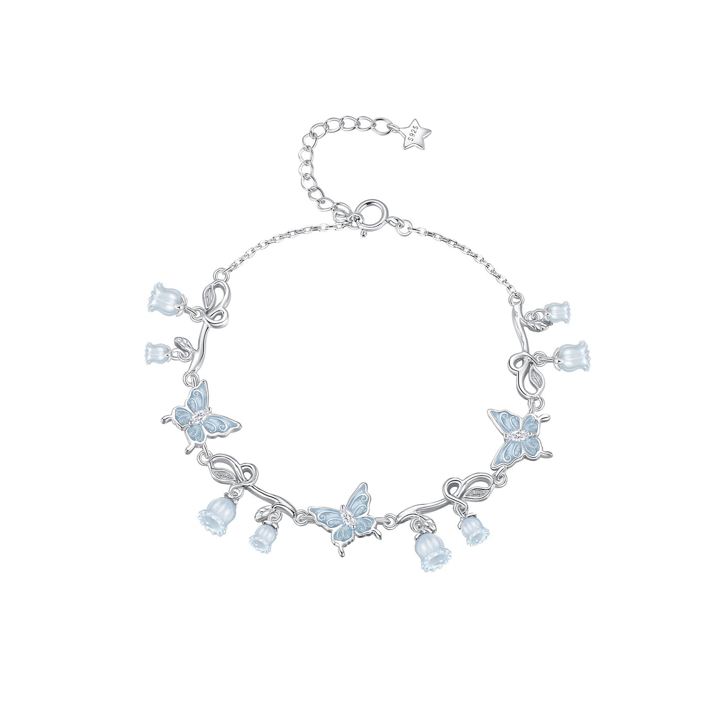 “Bluebell Flutter” 925 Sterling Silver Butterfly & Lily of the Valley Necklace & Bracelet Set
