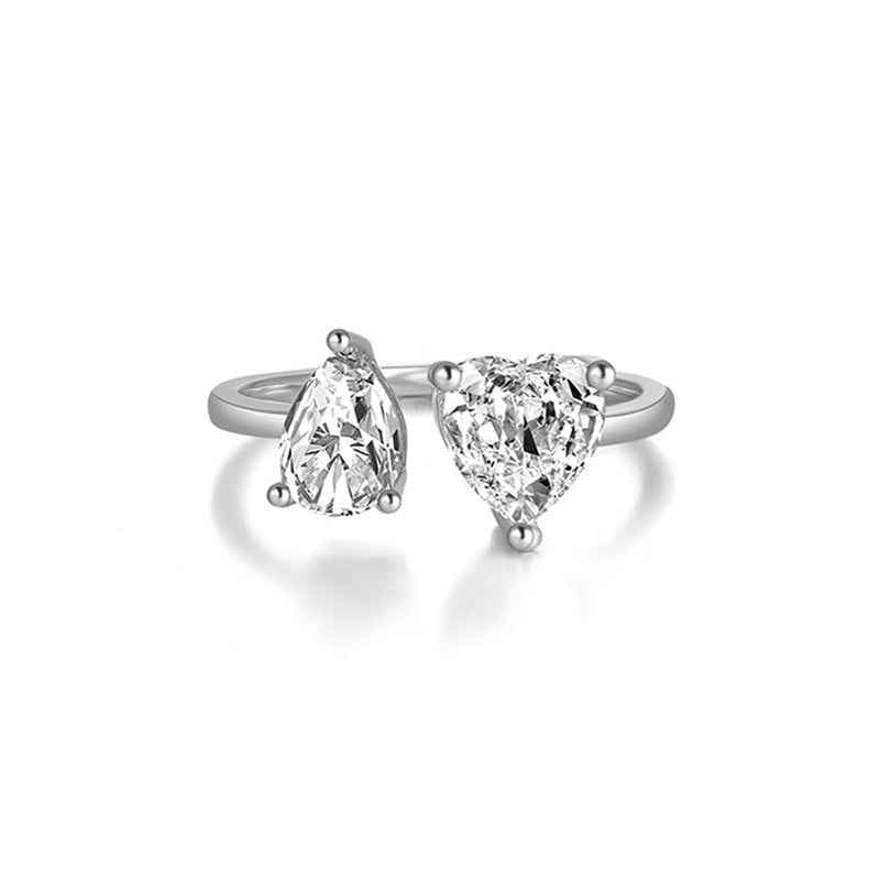 "Sparkling Embrace" 925 Sterling Silver Pear & Heart Adjustable Ring
