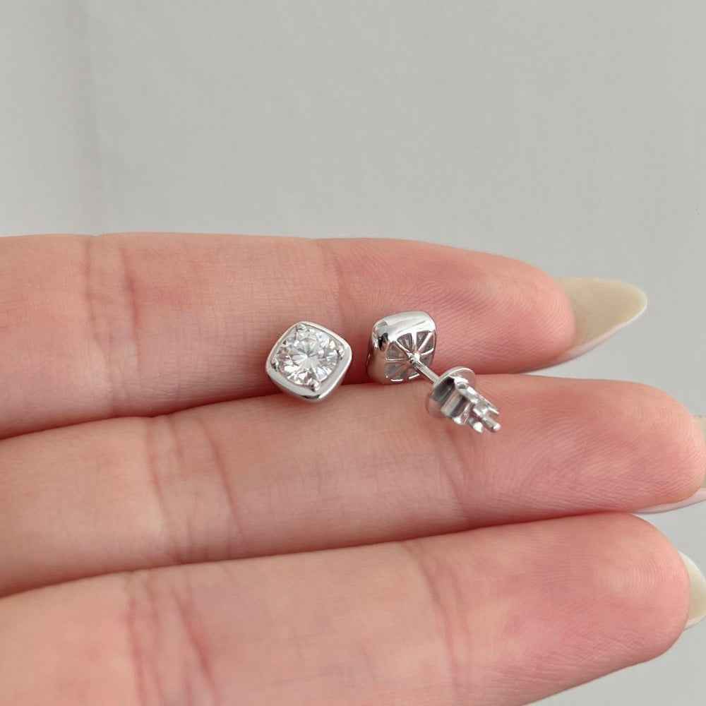 “Soft Halo” 925 Sterling Silver Minimalist Cushion Stud Earrings