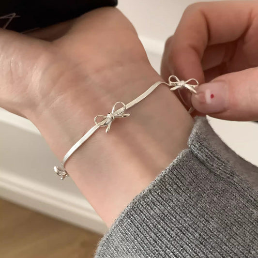 Bow Elegance 925 Sterling Silver Flat Snake Chain Bracelet – Adjustable, Three Bows