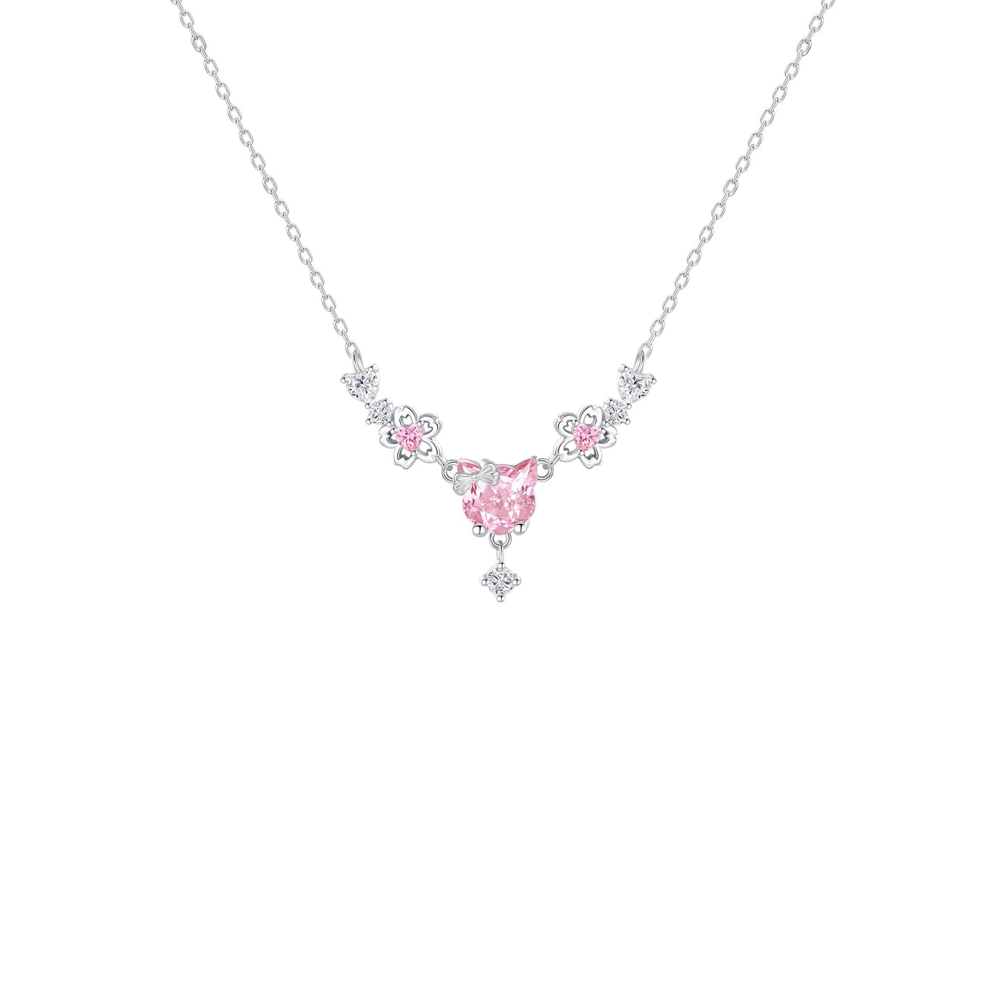 “Sakura Kitty” 925 Sterling Silver Pink Zircon Cat Necklace & Bracelet Set