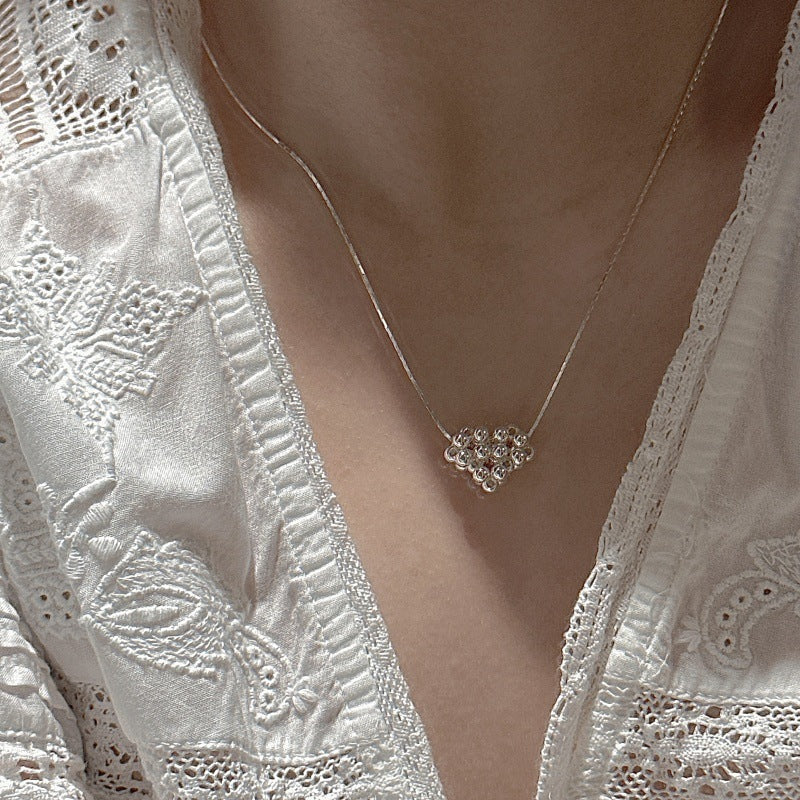 "Beaded Heart" 925 Sterling Silver Necklace – Korean-Inspired, Vintage Style