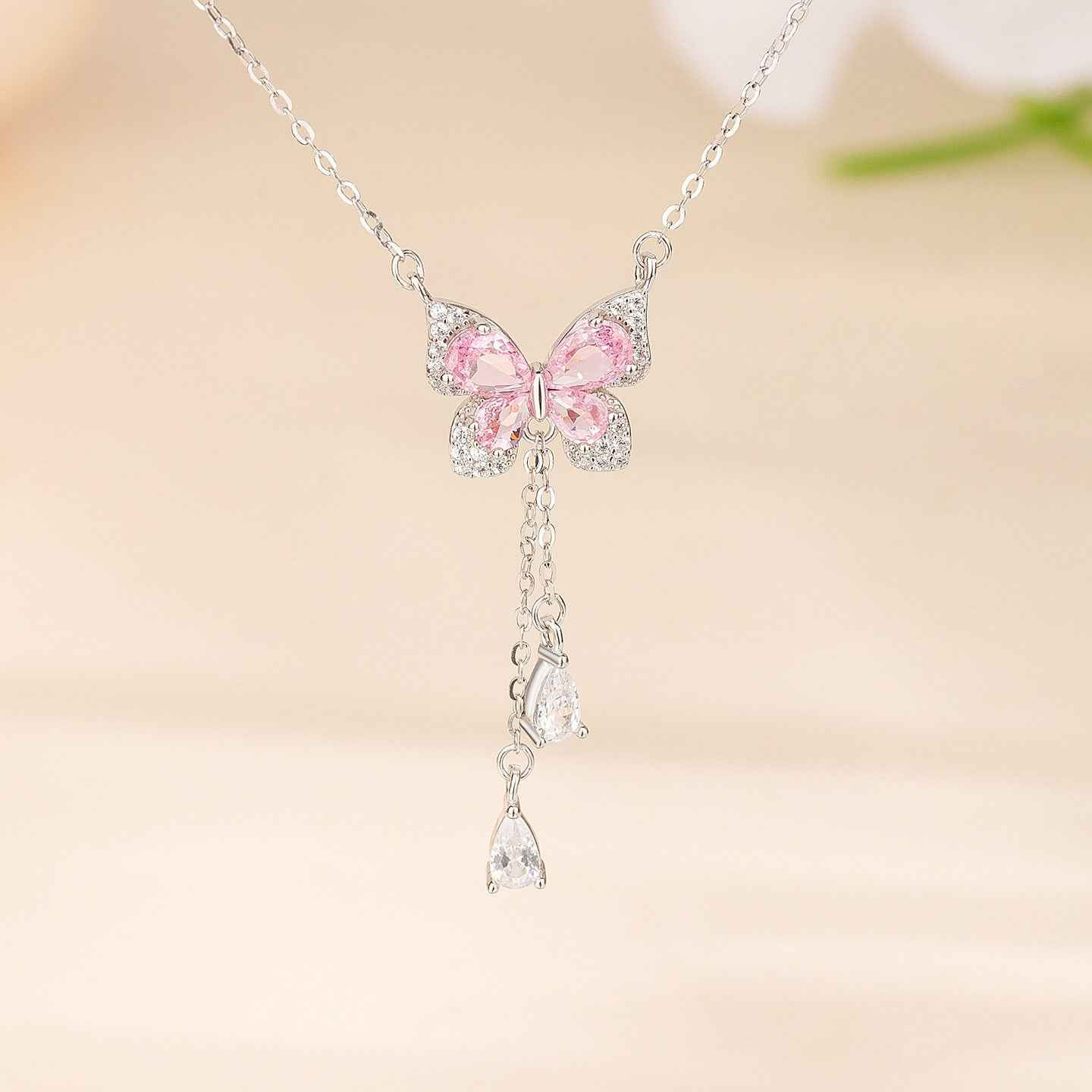 “Blush Flutter” 925 Sterling Silver Pink Butterfly Tassel Necklace