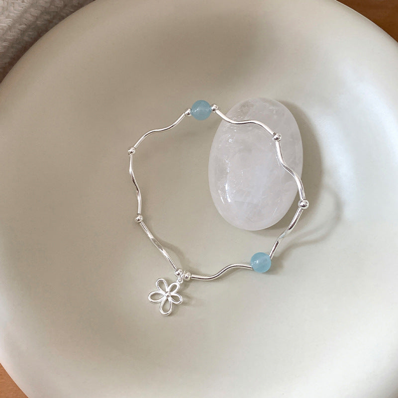 “Azure Bloom” S925 Sterling Silver Aquamarine Flower Bracelet