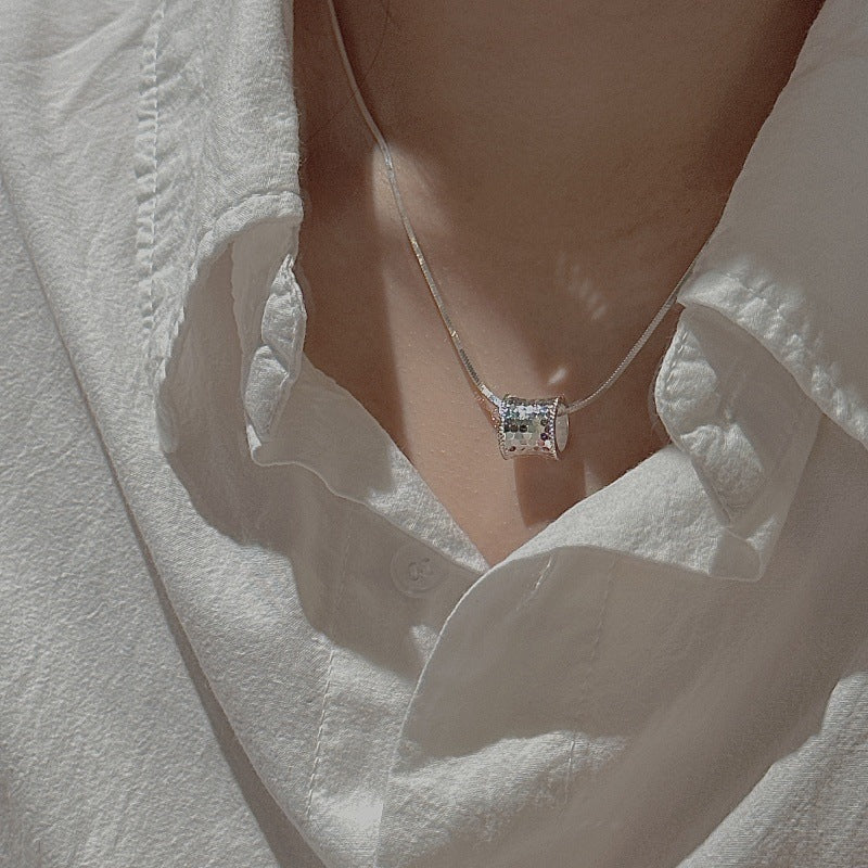 "Silver Gleam" S925 Sterling Silver Sequin Cylinder Necklace