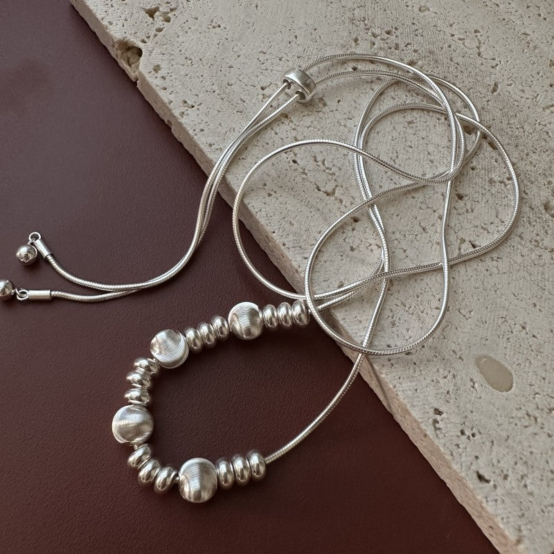 "Brushed Cat-Eye Charm" 925 Sterling Silver Necklace – Long Statement Beads