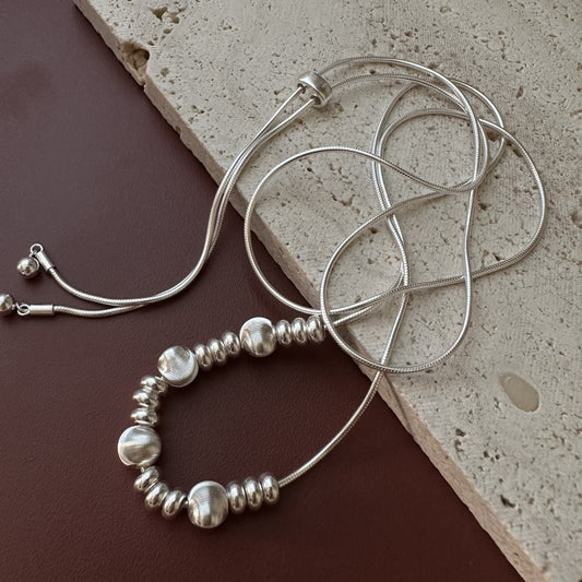 "Brushed Cat-Eye Charm" 925 Sterling Silver Necklace – Long Statement Beads