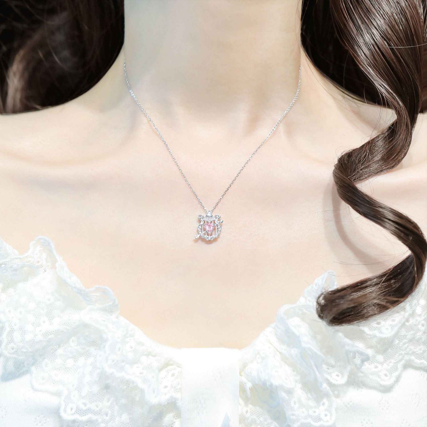 “Cupid’s Lyre” S925 Sterling Silver Pink Heart Necklace