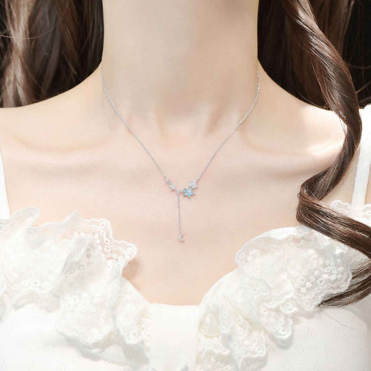 “Frosted Luna” S925 Sterling Silver Icy Blue Moon & Star Tassel Jewelry Set