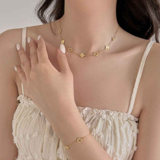 “Luster Clover” 925 Sterling Silver Laser-Cut Clover Necklace & Bracelet Set