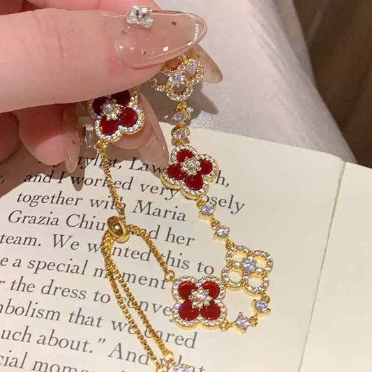 "Starlit Clover" 925 Sterling Silver Red Enamel Four-Leaf Bracelet