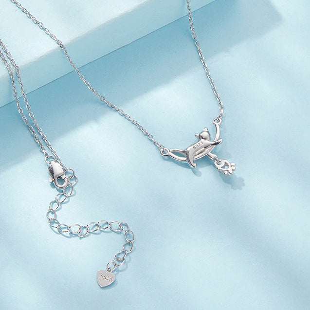 "Moonlight Cat" Platinum-Plated 925 Sterling Silver Cat Necklace with Moonstone – Playful & Elegant