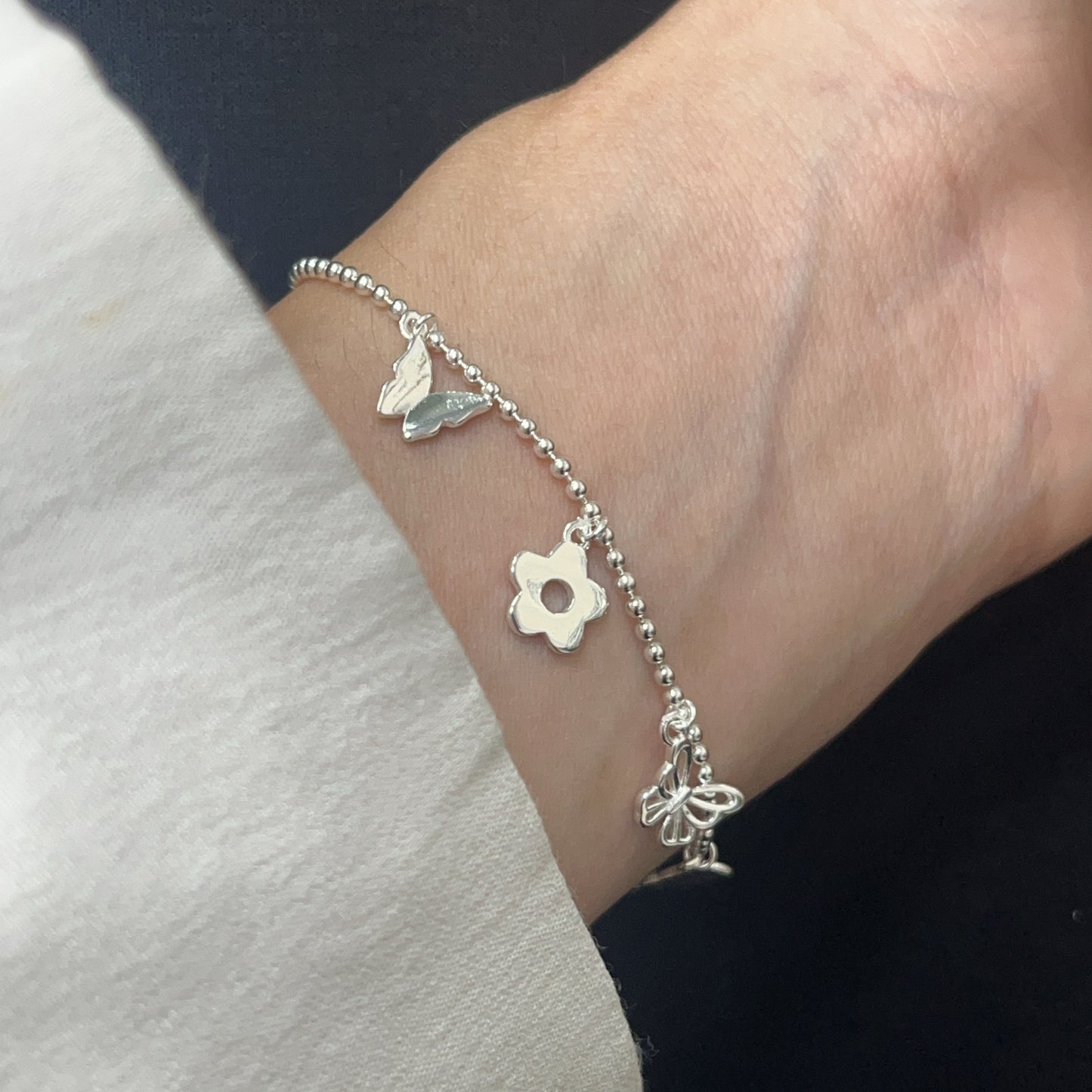 "Butterfly Bloom" 925 Sterling Silver Beaded Bracelet – Delicate Floral Design